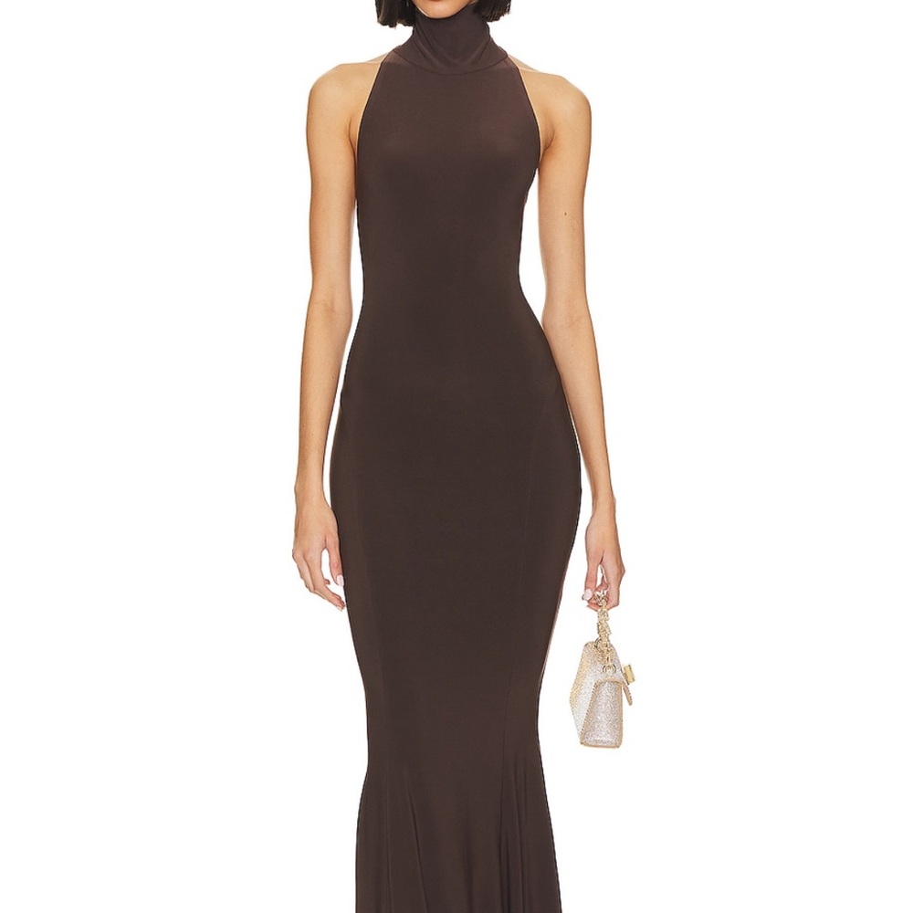 Norma Kamali Halter Turtle fishtail Gown Chocolate